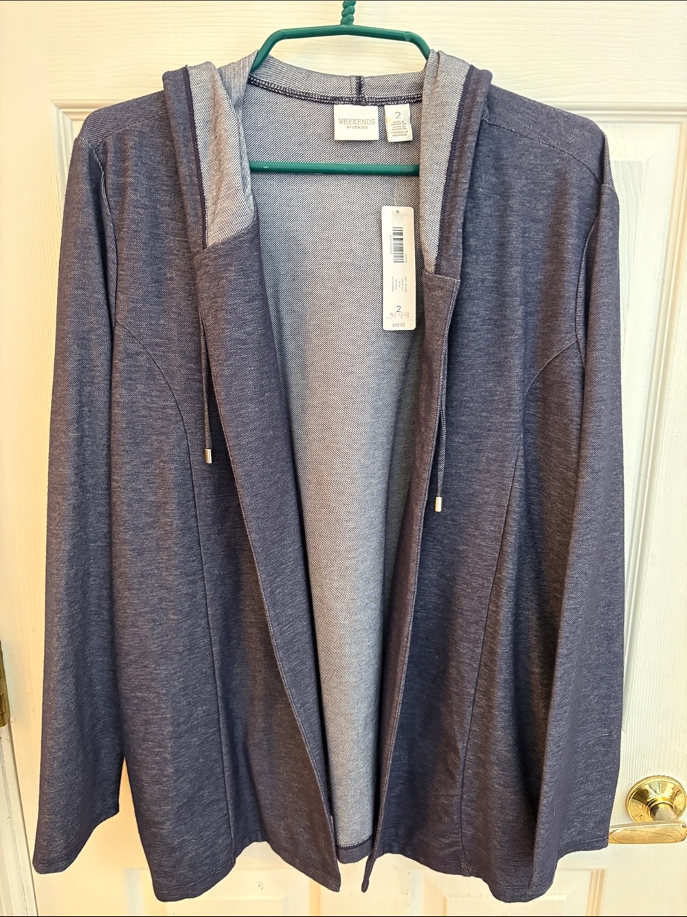 Weekends by Chico's Navy Hooded Open front Cardigan Blazer size 2 (large) NWT